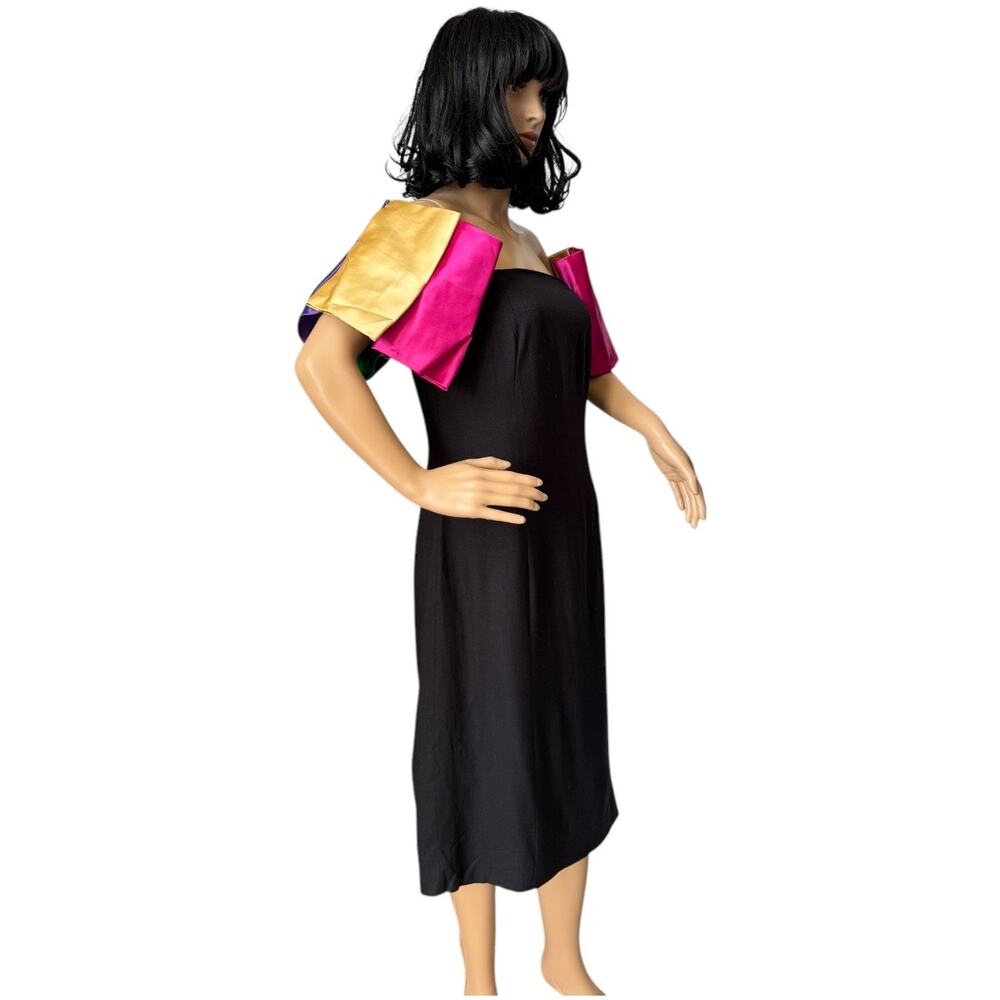 Vintage 80's black with off shoulder multi colors puff satin sleeves size s-m - Picture 10 of 16